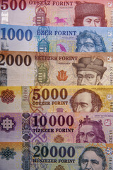 Several Hungarian forint paper money denominations. Bank image and photo.