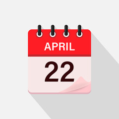 April 22, Calendar icon with shadow. Day, month. Flat vector illustration.