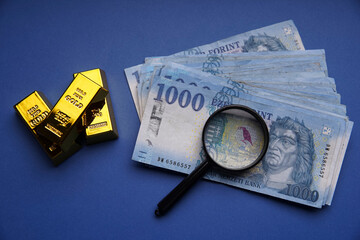 Several Hungarian forint paper money denominations and gold bars on a blue background. Examine...