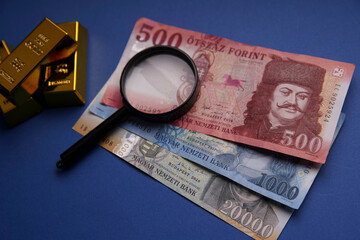 Several Hungarian forint paper money denominations and gold bars on a blue background. Examine through the magnifying glass. Bank image and photo.