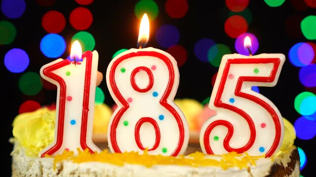 Number 185 Happy Birthday Cake With Burning Candles Topper.
