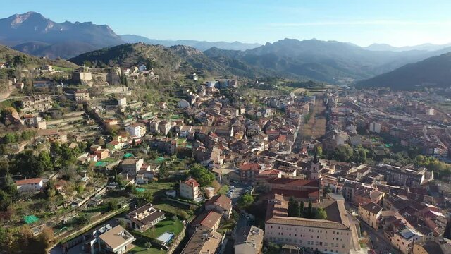 Top view of the city of Berga on the slopes of the Pyrenees mountains. Catalonia. Spain