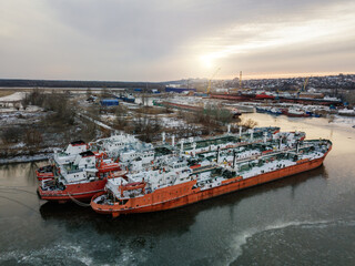 Aerial view of port and cargo ships in river Don, Rostov-on-Don