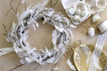 Easter wreath made of twigs and feathers (Eco Friendly decor for Easter). Horizontal