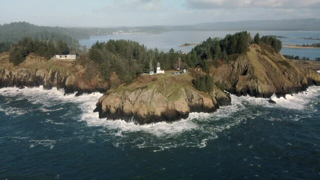 Helicopter Perspective of Cape Disappointment Lighthouse on Washington Coast