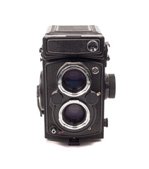 Old medium format 6x6 camera on a white background.