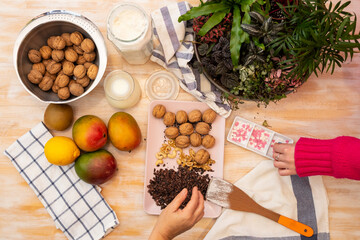 Healthy Food, Mango, Walnuts, Choclate, Chocolate Nips, on wooden background
