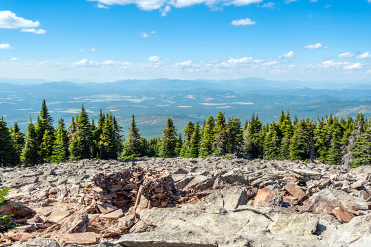 View of the Inland Northwest area of Washington State including Spokane from the top of Mount Spokane state park at summer.