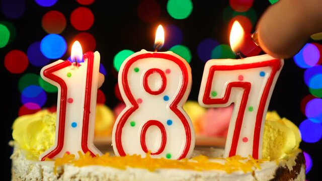 Number 187 Happy Birthday Cake With Burning Candles Topper.