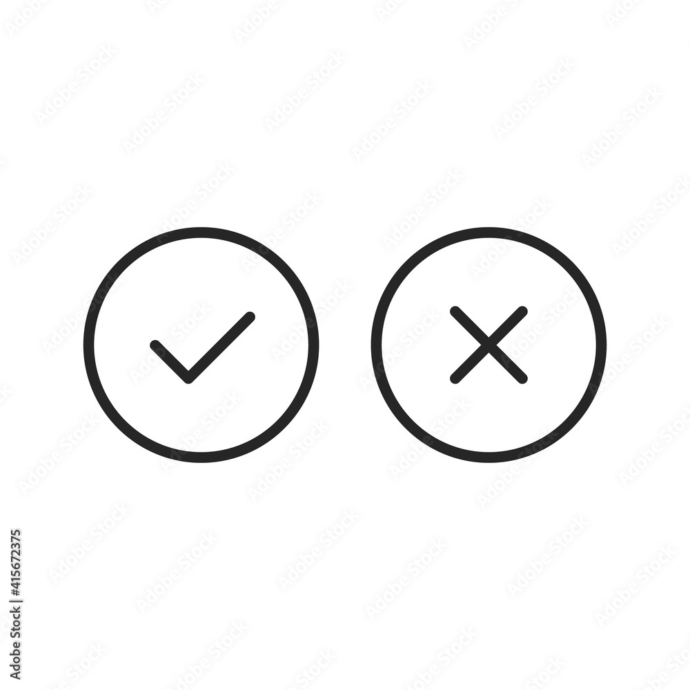 Poster check mark line icons set. tick and cross mark. black color. simple outline symbols. vector line ico