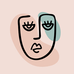 Abstract contemporary woman face. Modern trendy beauty sign. Female face symbol. Lineart colorful drawing.