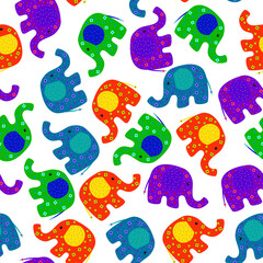 Fototapeta premium Cute cartoon elephants seamless pattern: orange, green, lilac, blue with polka-dots and flowers. Isolated on white background. Flat vector illustration