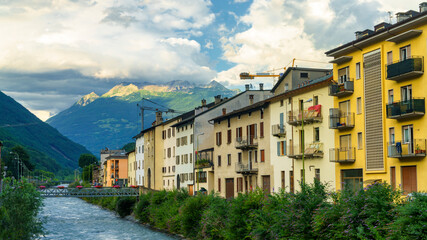 Fototapeta na wymiar Tirano, Valtellina, Italy: old houses along the Adda river