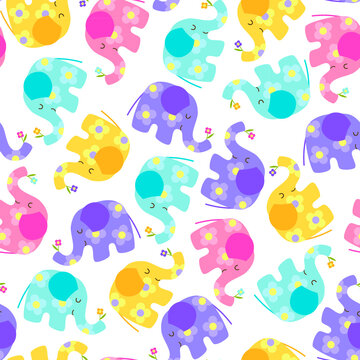 Seamless pattern of four cute characters cartoon kawaii elephants: pastel blue, yellow, lilac and pink with flower patterns on white background. Baby children colors. Flat vector illustration