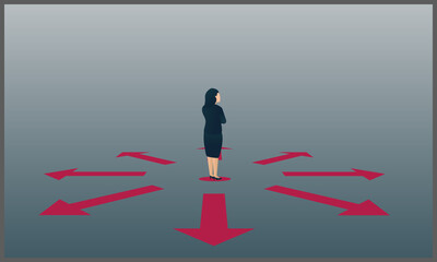 
Vector illustration of business woman standing is choosing direction, symbol of solutions and confusion. Eps 10