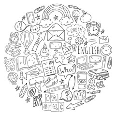 Concept of learning English. Online language courses. E-learning. Pattern with vector icons.