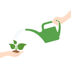 Hand holding handful of soil with growing young green sprout of plant and watering can in man hand. People care about nature concept. Flat design, isolated on white © simmivec