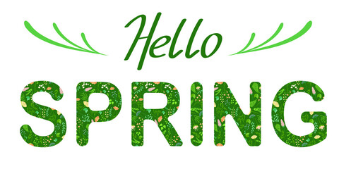 Simple vector background. Hello spring text phrase.
