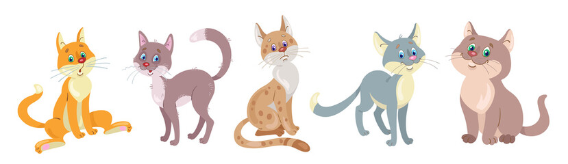 A set of five funny cats in different colors and  poses. In cartoon style. Isolated on white background. Vector flat illustration.