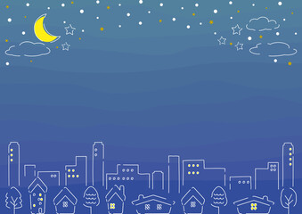 シンプルな手書きの夜の街並み　夜景と星空