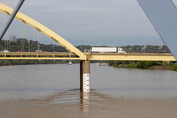 View of the water level meter on the Daniel Carter Beard Bridge.. Bridge over river.