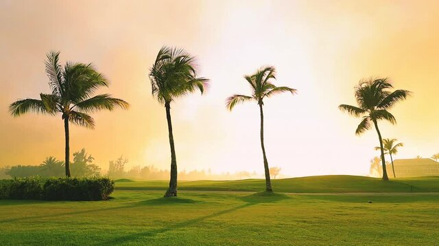 Golf course in the tropical island, beautiful sunset with palm trees silhouettes 4k video