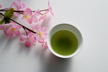 お茶の時間　緑茶　飲み物　桜