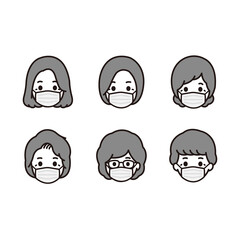 シニア 女性 マスク モノクロ アイコン イラスト