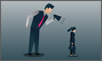 
vector illustration of a businessman scolding a business woman, symbol of bully and fear. Eps 10