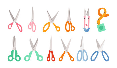 Scissor cartoon set. Hand drawn professional pair of scissors cutting hair or needlework. Craft and scissoring flat creative scissors. Open, closed cutting or nippers collection. Vector illustration