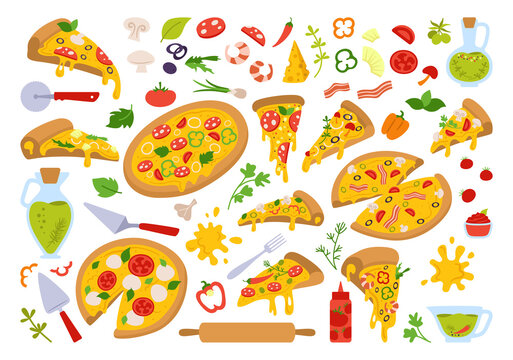 Pizza cartoon set. Italian hand drawn pizzas with greens, pepper, tomato, olive, cheese, mushroom. Margarita and hawaiian, pepperoni or seafood, mexican. Pizza pieces and ingredients vector collection