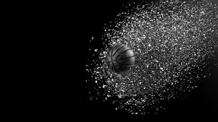 Scratched Metallic Black Basketball with Rotation Particles under spot lighting background. 3D illustration. 3D high quality rendering. 
