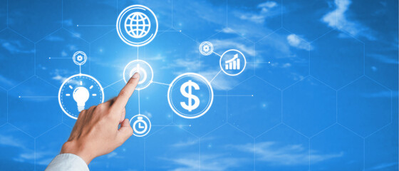 Businessman touch technology icons on the virtual screen to create a modern business strategy. Technology concepts and data transfer, and cyber security concepts.