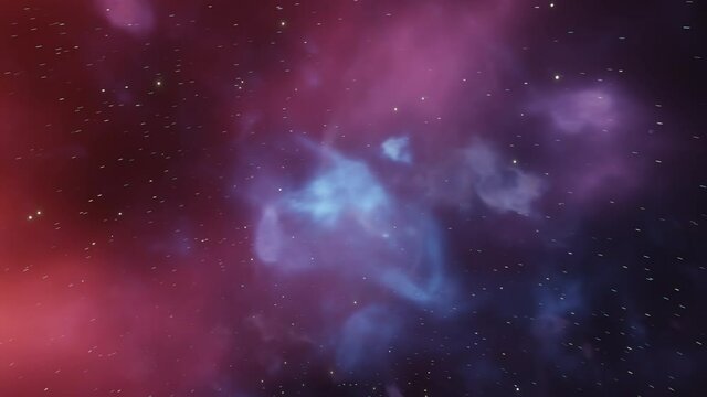 Loopable CGI Animation Space Travel Through Blue and Orange Nebula Clouds and Star Clusters.