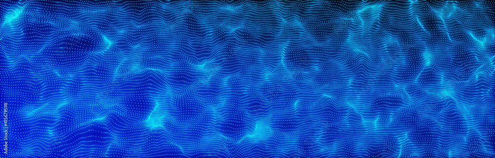 Poster wave 3d. wave of particles. abstract blue geometric background. big data visualization. data technol