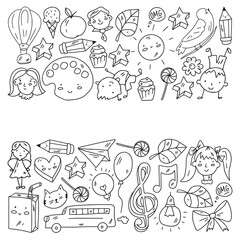 Vector pattern with items for school. Online internet education, e-learning.