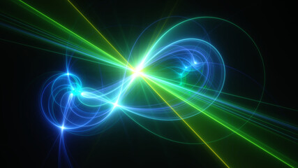 Abstract background, smooth blue and green lines on a black background.