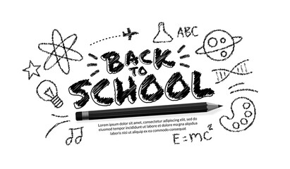Welcome back to school text with realistic pencil and doodles on white background