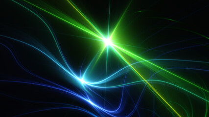 Abstract background, smooth blue and green lines on a black background.