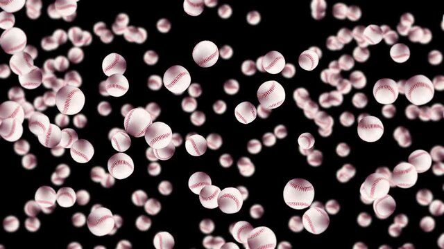 Flying many baseball balls on black background. Bat and ball. Sport equipment. 3D loop animation of baseball balls with red stitching.