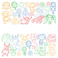 School, kindergarten. Happy children. Creativity, imagination doodle icons with kids. Play, study, grow Happy students Science and research Adventure Explore