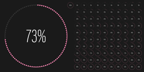 Set of circle percentage diagrams meters from 0 to 100 ready-to-use for web design, user interface UI or infographic with heart shapes - indicator with pink