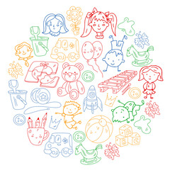 School, kindergarten. Happy children. Creativity, imagination doodle icons with kids. Play, study, grow Happy students Science and research Adventure Explore