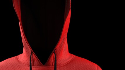 Anonymous hacker with red hoodie in shadow under spot lighting background. Dangerous criminal concept image. 3D CG. 3D illustration. 3D high quality rendering.