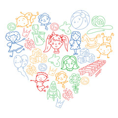 School, kindergarten. Happy children. Creativity, imagination doodle icons with kids. Play, study, grow Happy students Science and research Adventure Explore