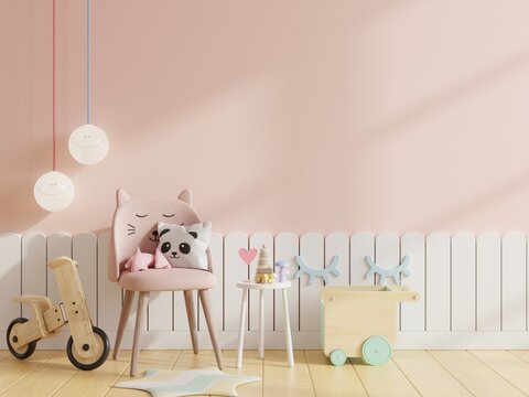 Mock up wall in the children's room with chair in light pink color wall background.