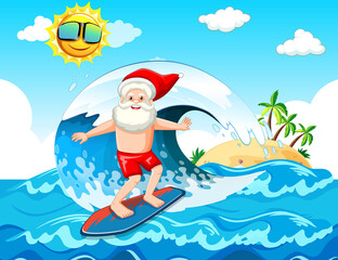 Santa Claus surfing at the beach for summer christmas