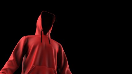 Naklejka na ściany i meble Anonymous hacker with red hoodie in shadow under spot lighting background. Dangerous criminal concept image. 3D CG. 3D illustration. 3D high quality rendering.