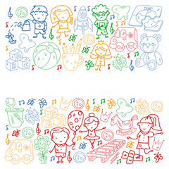 Vector pattern. Kindergarten and toys. Little children game. Kids playground. Education, creativity, imagination.