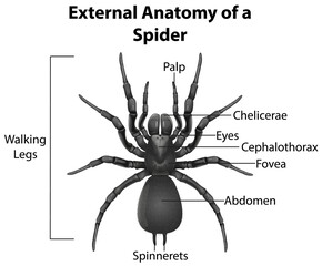 External Anatomy of a Spider on white background